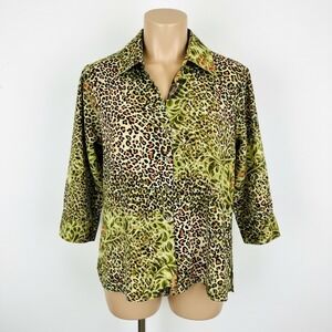 Joanna Leopard Print Button Down Shirt Green Animal Pattern Stretch Large